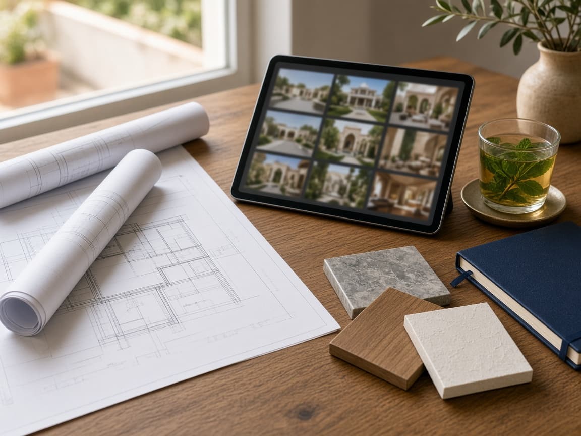 Blueprints, material samples, and a tablet for comparing companies